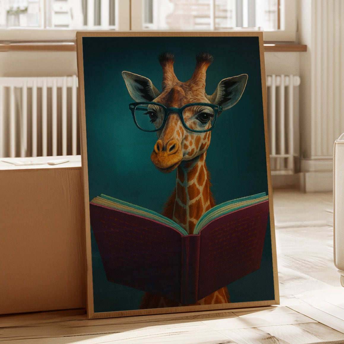 Giraffe with Glasses Reading a Book