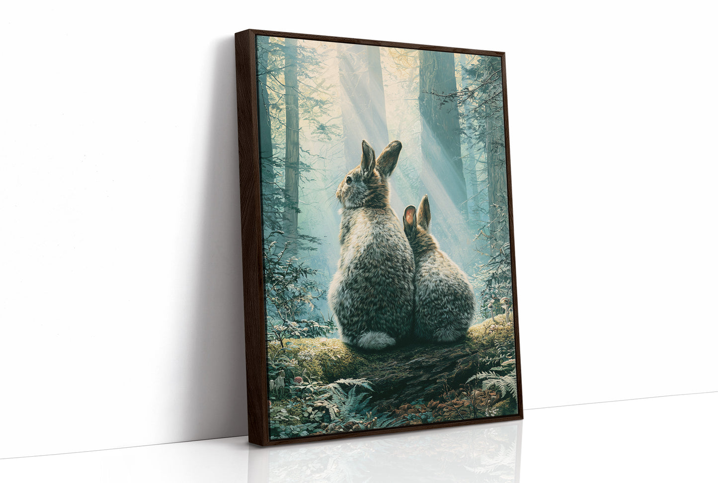 Two Rabbits in Morning Light — Forest Clearing Painting