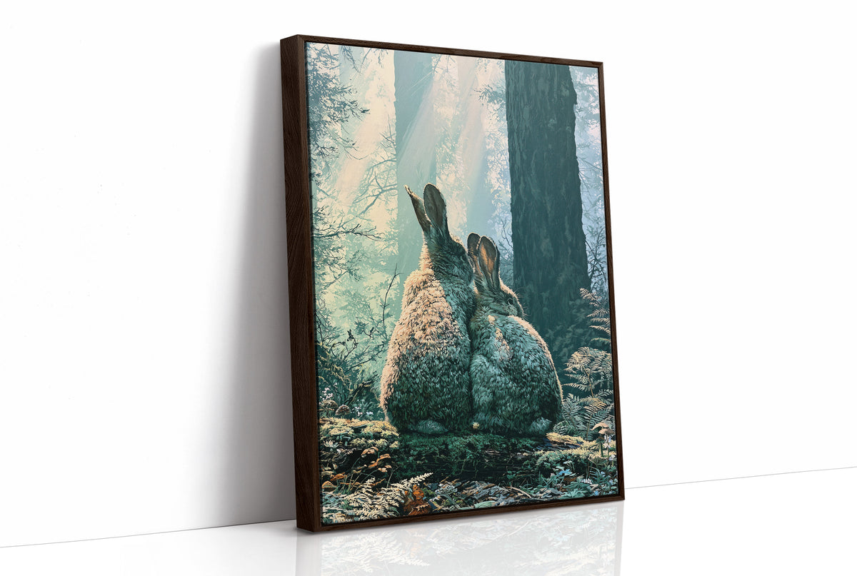 Two Rabbits in Morning Light — Close-Up Forest Painting