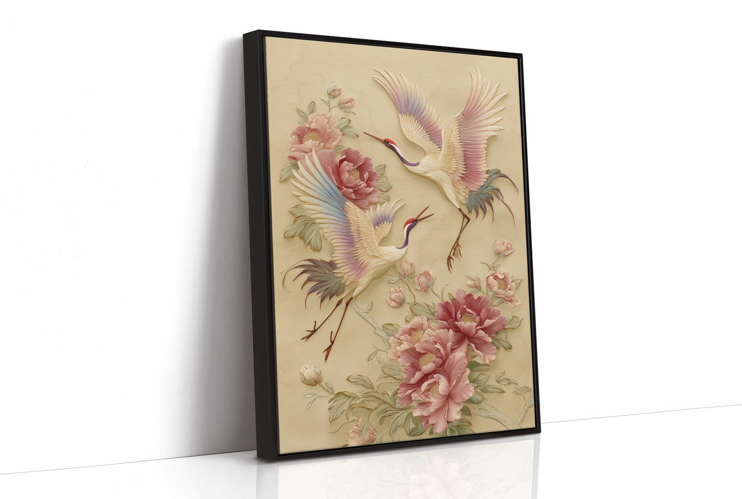 Graceful Cranes Among Peony Blooms