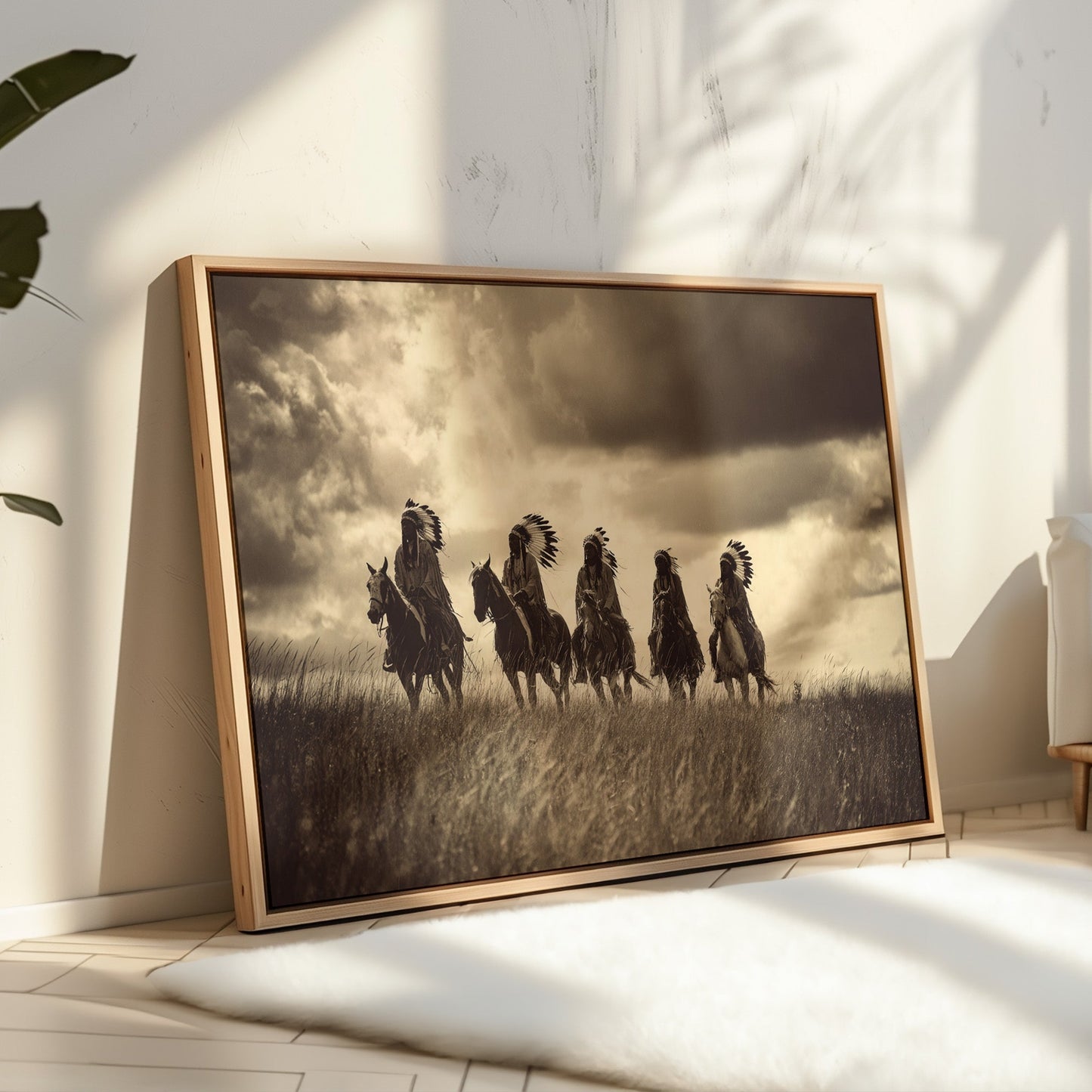 Framed artwork of Native American figures on horseback against a stormy sky, displayed in a room with natural light.