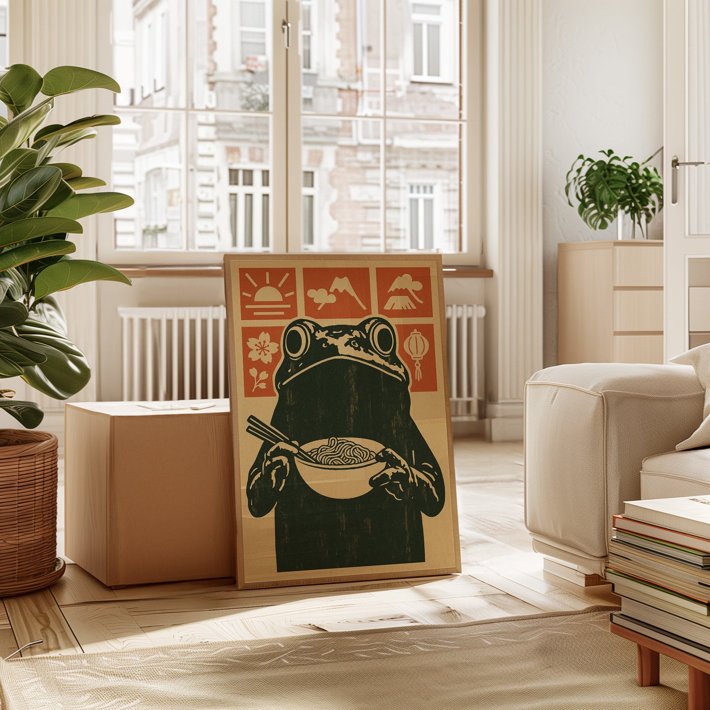 Ramen Frog in Retro Woodblock Style