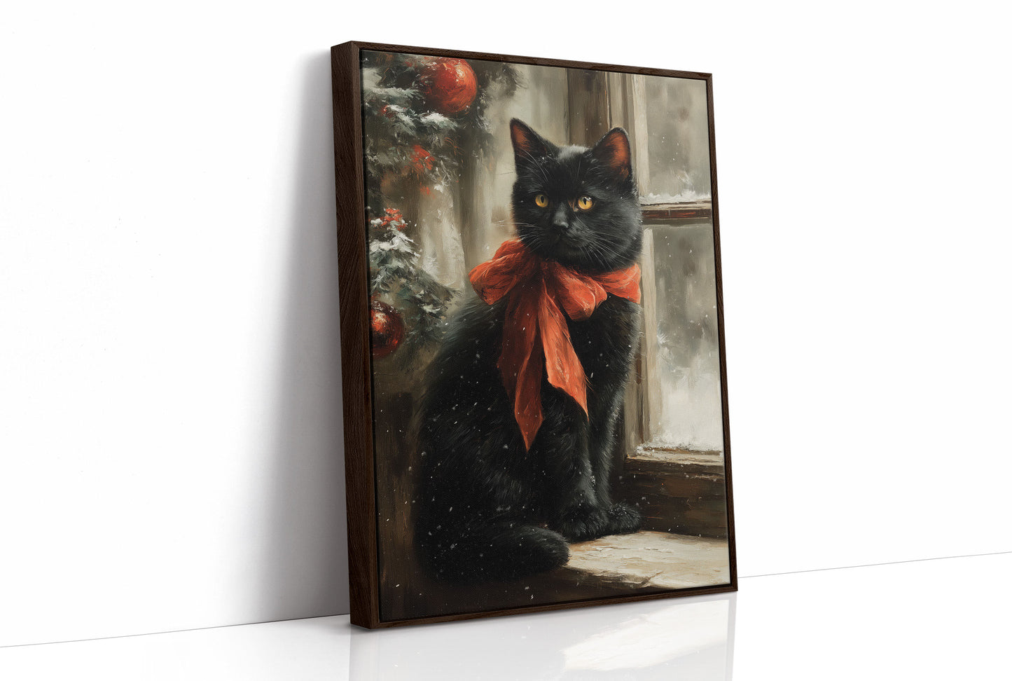 Midnight Cat Wears Holiday Ribbons