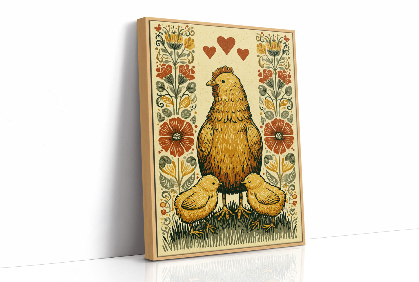 Mother Hen and Chicks — Poppy Border Folk Art Print