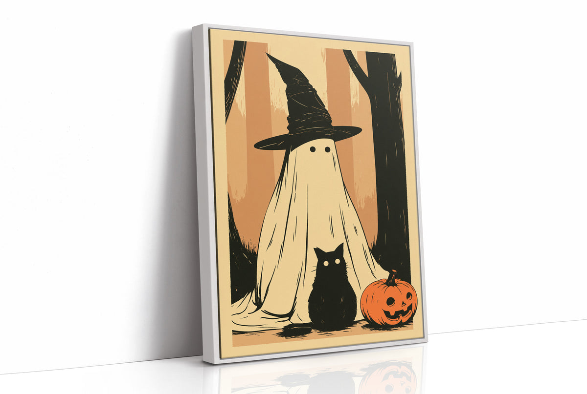 Ghost, Cat, and Jack-o'-Lantern