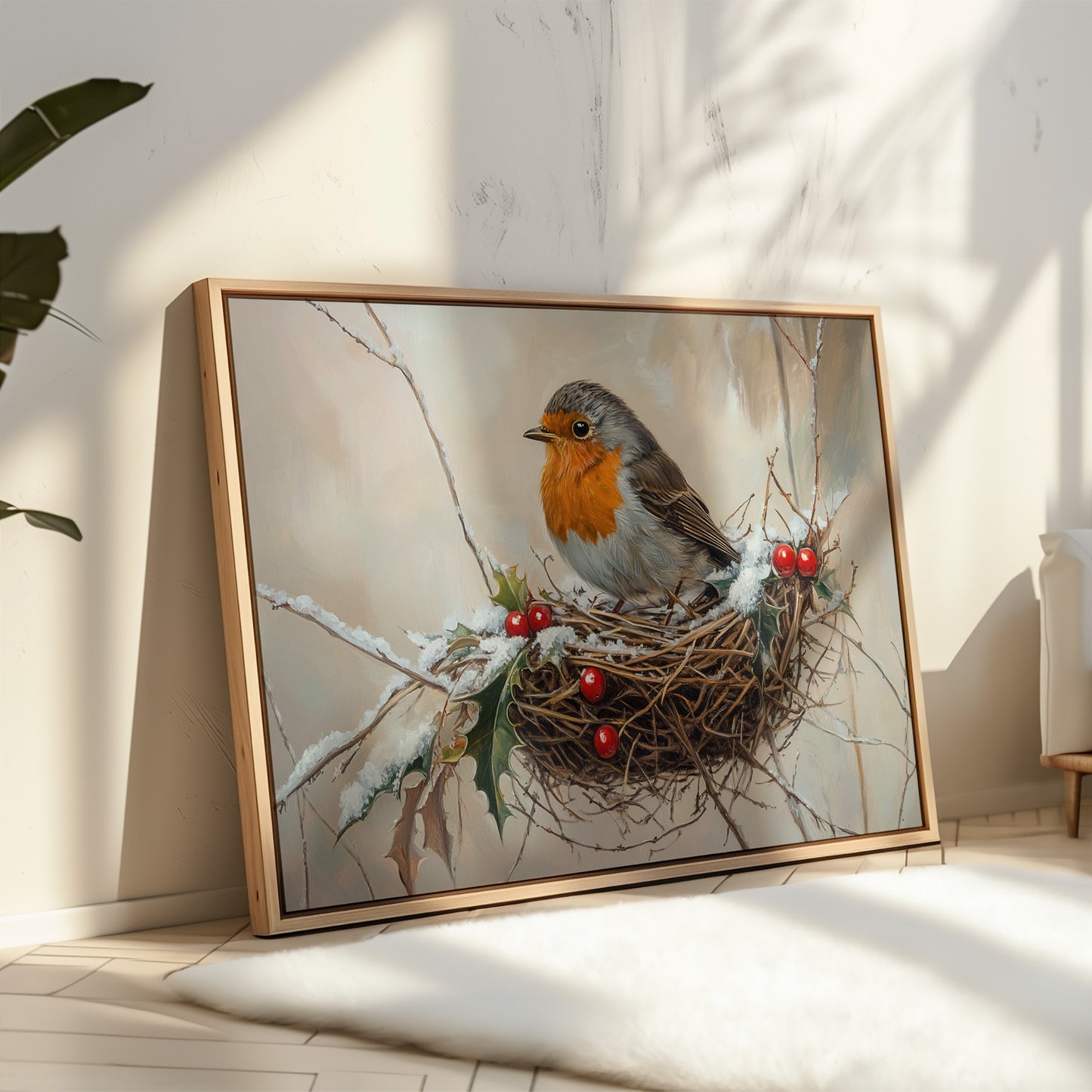 Winter Robin Perches Among Holly