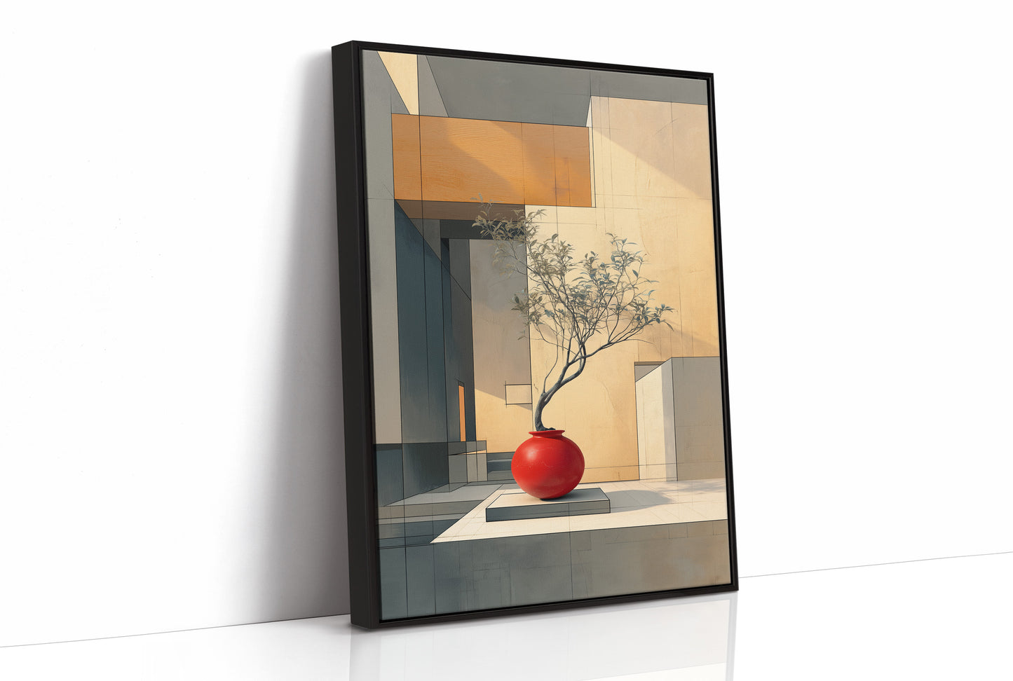 Red Vase Holds Geometric Sunlight