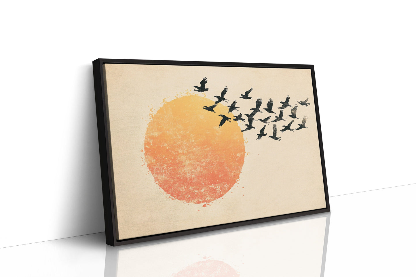 Minimalist Japanese Birds & Sun Print – Vintage Ink Illustration