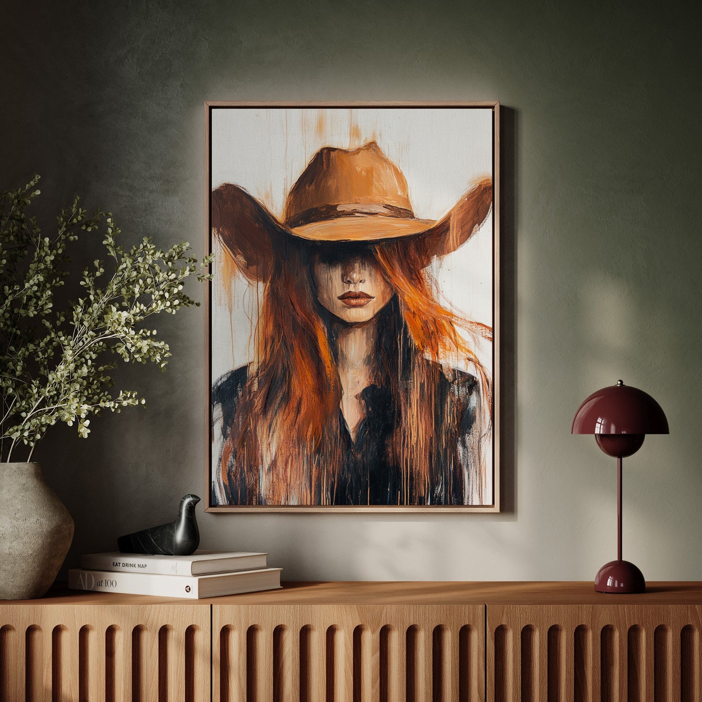 Western Flame – Bold Redhead Cowgirl Art