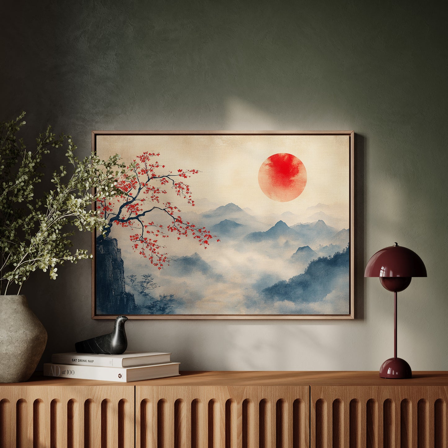 Japanese Red Sun & Misty Mountain Wall Art – Zen Ink Wash Landscape