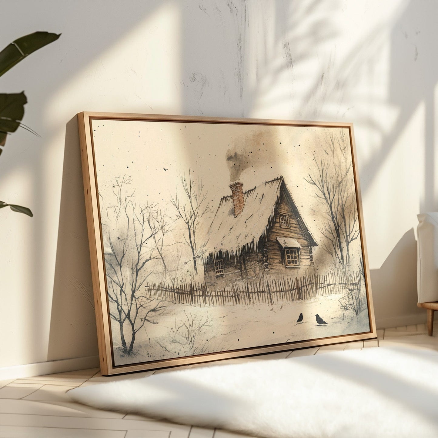Winter Ravens Guard Frosted Cabin