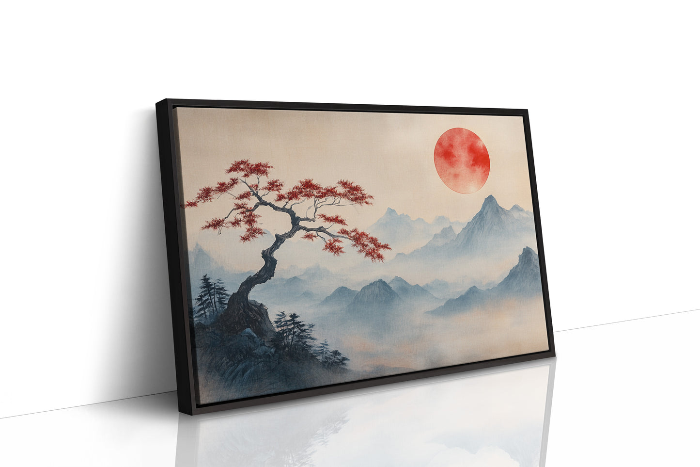 Japanese Landscape Wall Art – Red Sun and Bonsai Mountain Print