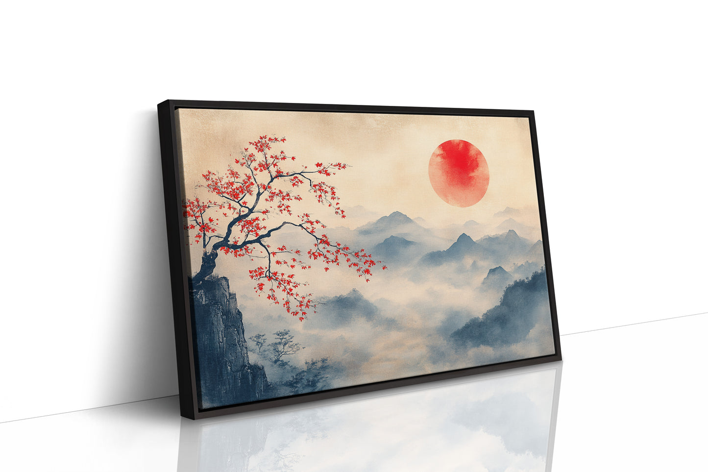 Japanese Red Sun & Misty Mountain Wall Art – Zen Ink Wash Landscape