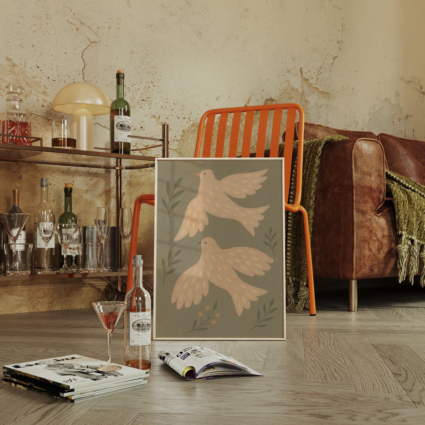 Blush Doves in Olive Sky