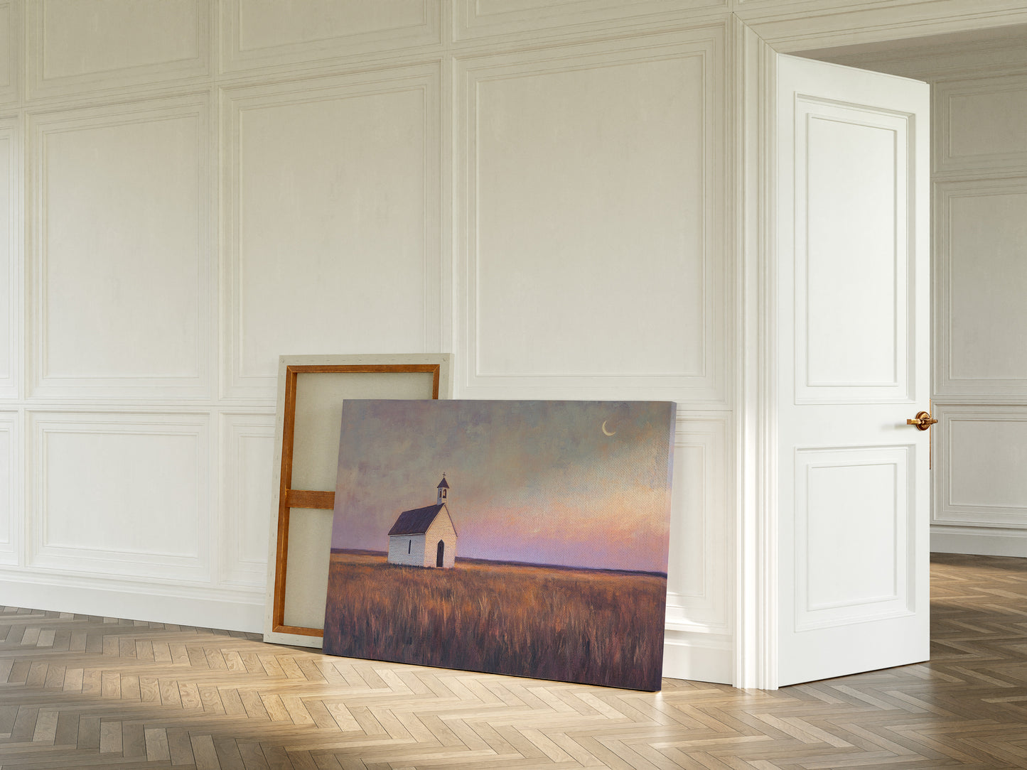 Gallery image 2 for Prairie Moon Chapel Canvas – Minimalist Country Church Wall Art