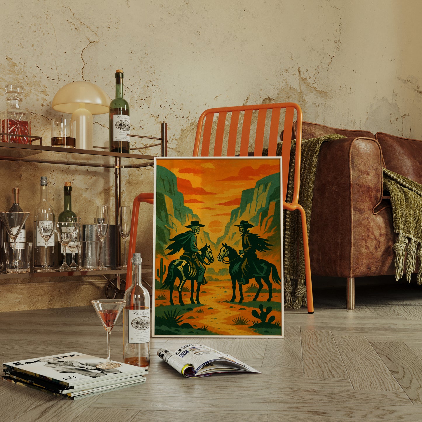 Gallery image 1 for Skeleton Riders at Sundown – Surreal Western Desert Cowboy Art Print