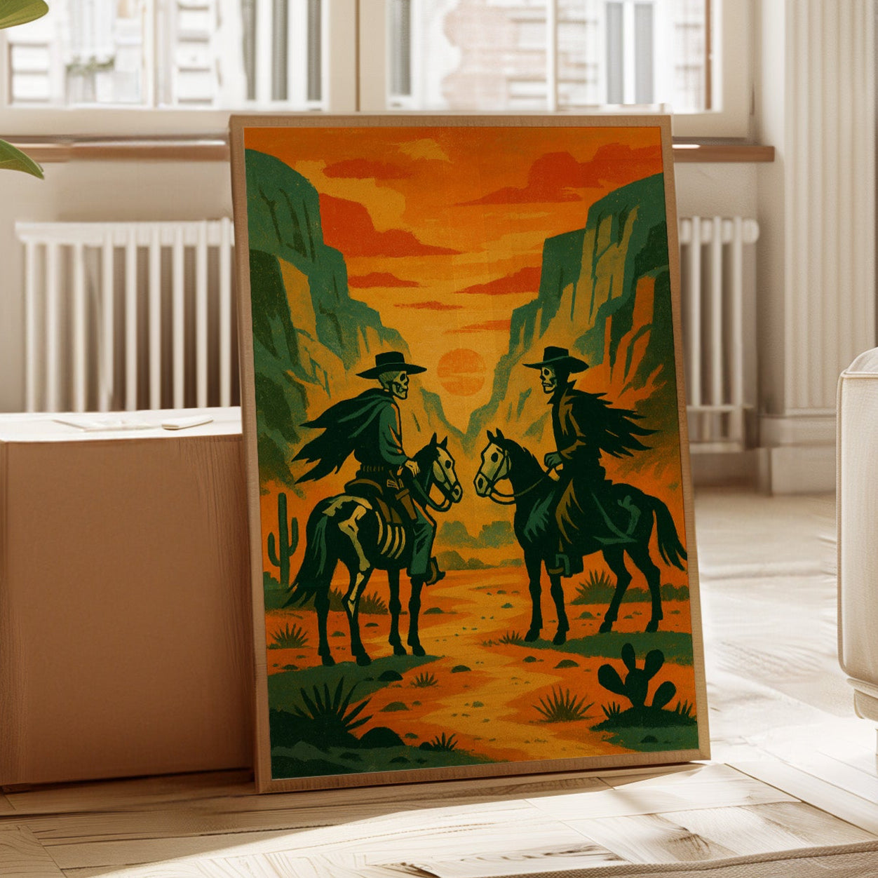 Gallery image 2 for Skeleton Riders at Sundown – Surreal Western Desert Cowboy Art Print