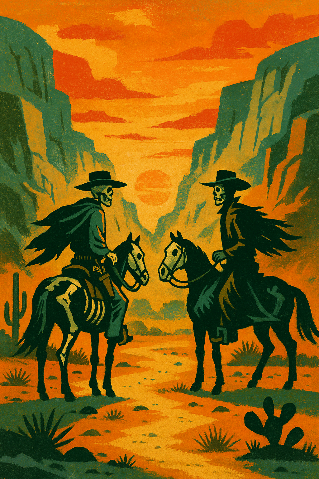 Gallery image 14 for Skeleton Riders at Sundown – Surreal Western Desert Cowboy Art Print