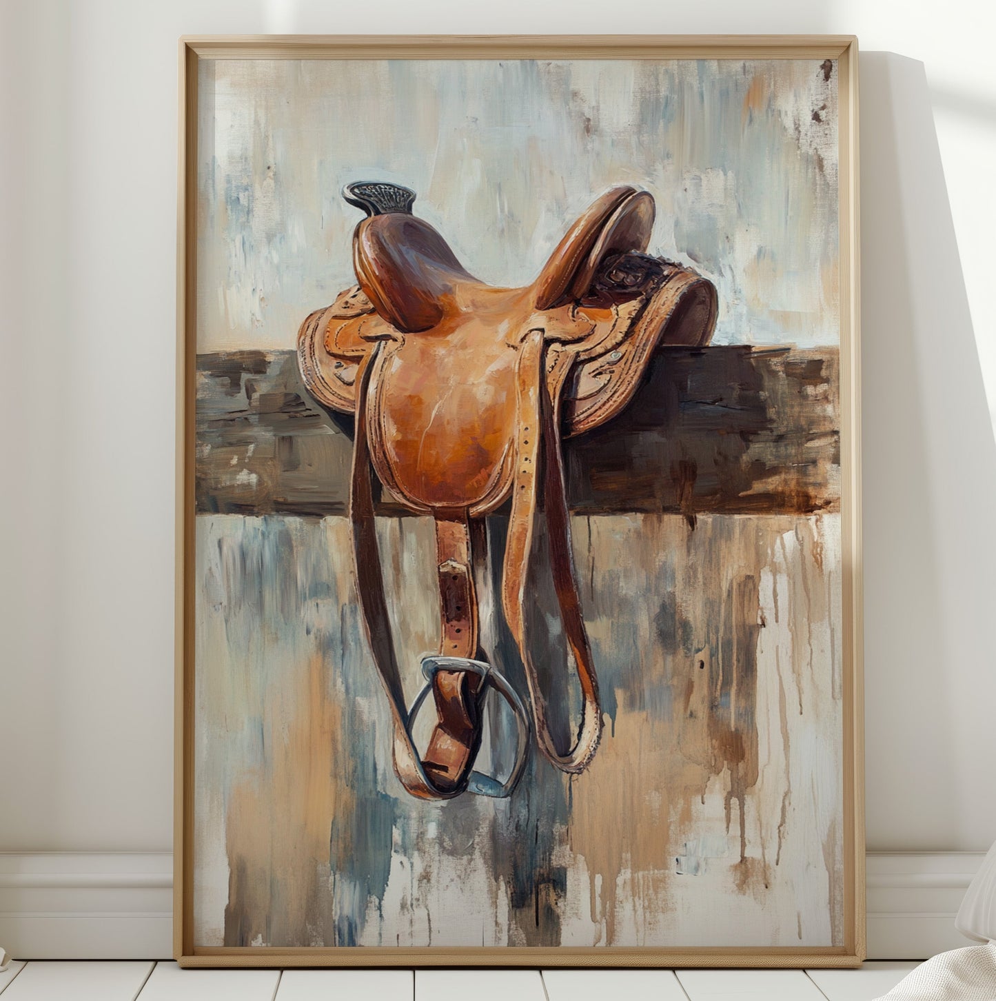 Gallery image 1 for Resting Leather – Western Saddle on Fence Painting