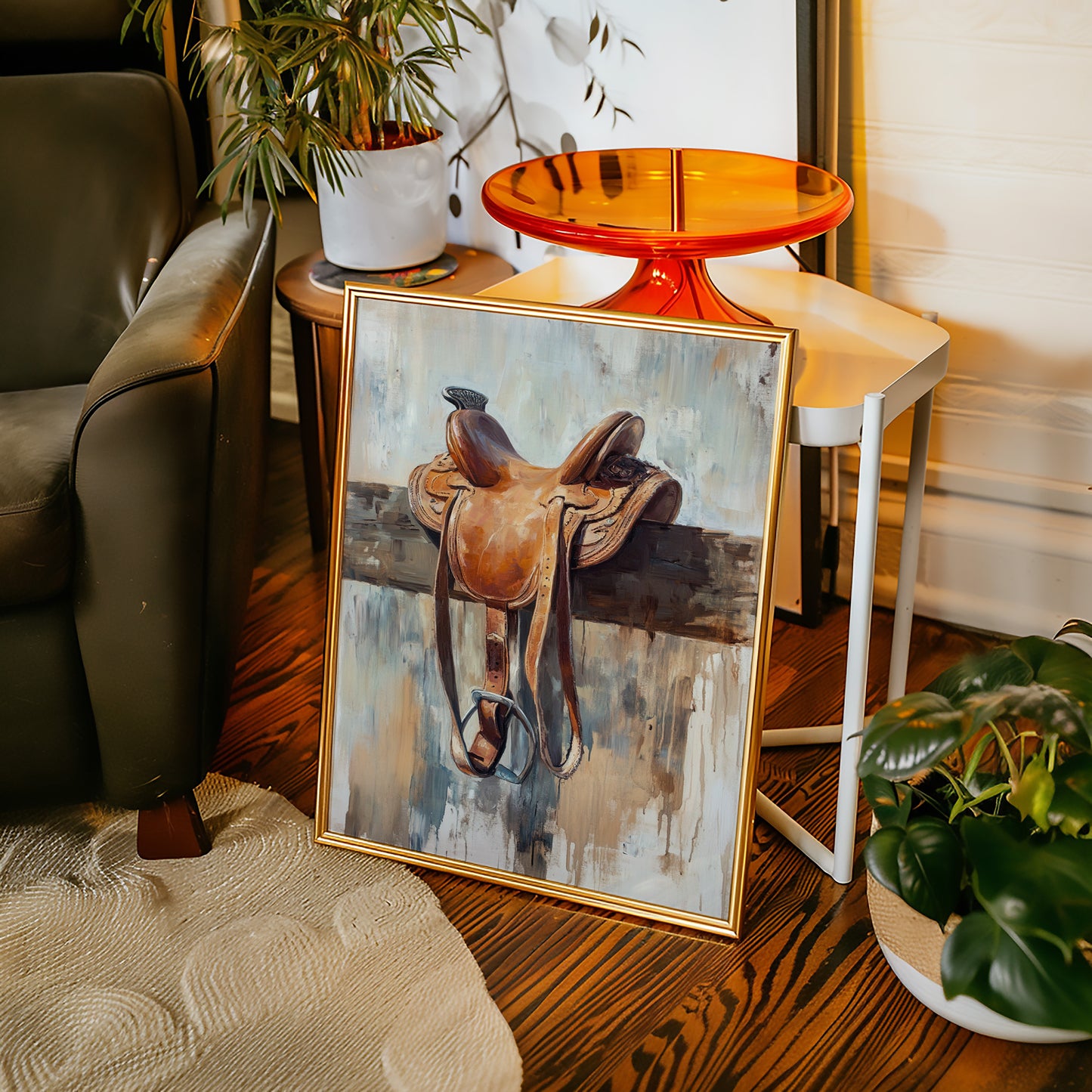 Gallery image 2 for Resting Leather – Western Saddle on Fence Painting