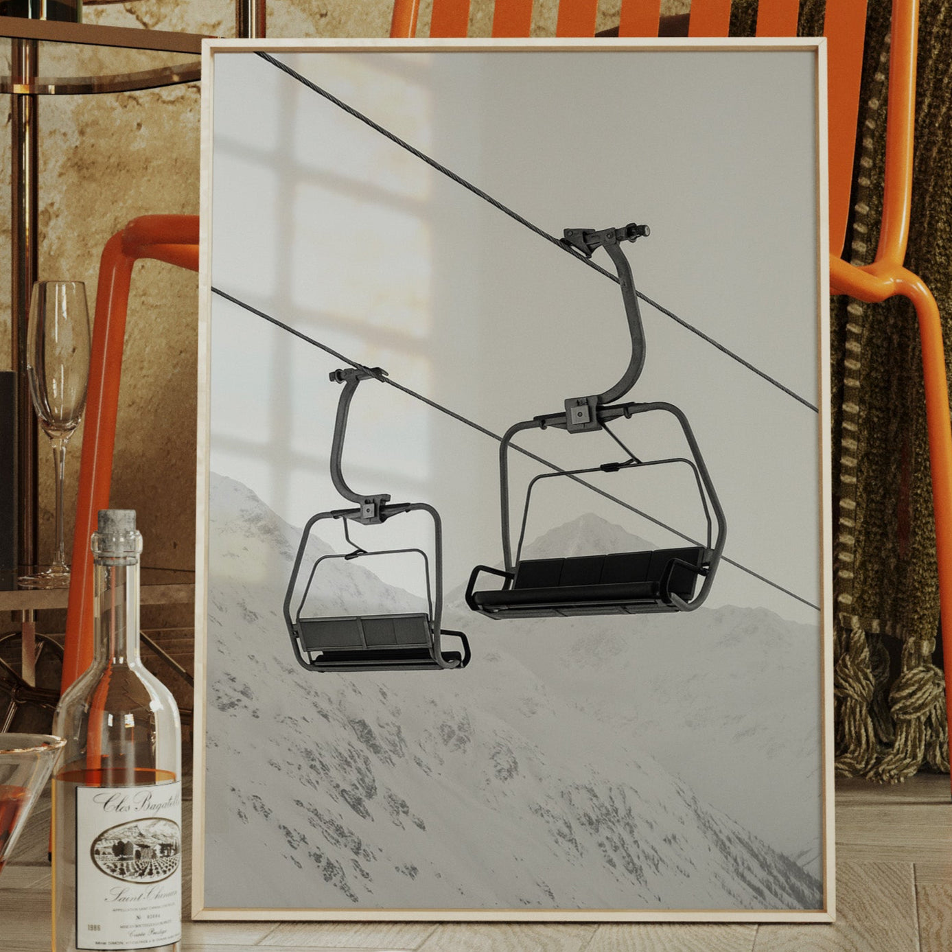 Gallery image 1 for Solitude in Ascent – Minimalist Ski Lift Black & White Print
