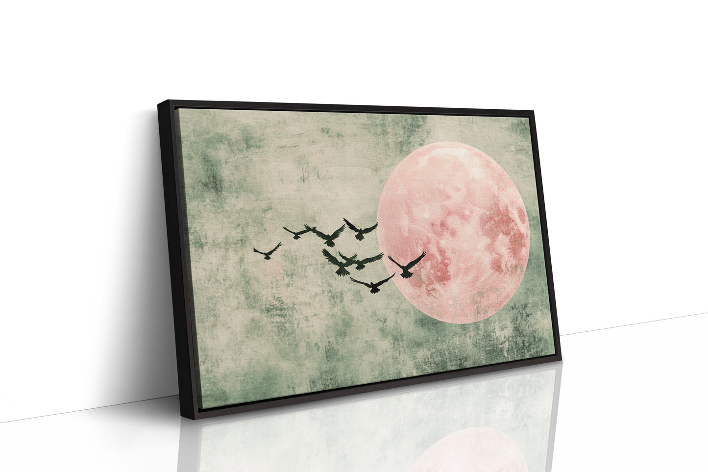 Pink Moon Wall Art – Minimalist Birds in Flight Print