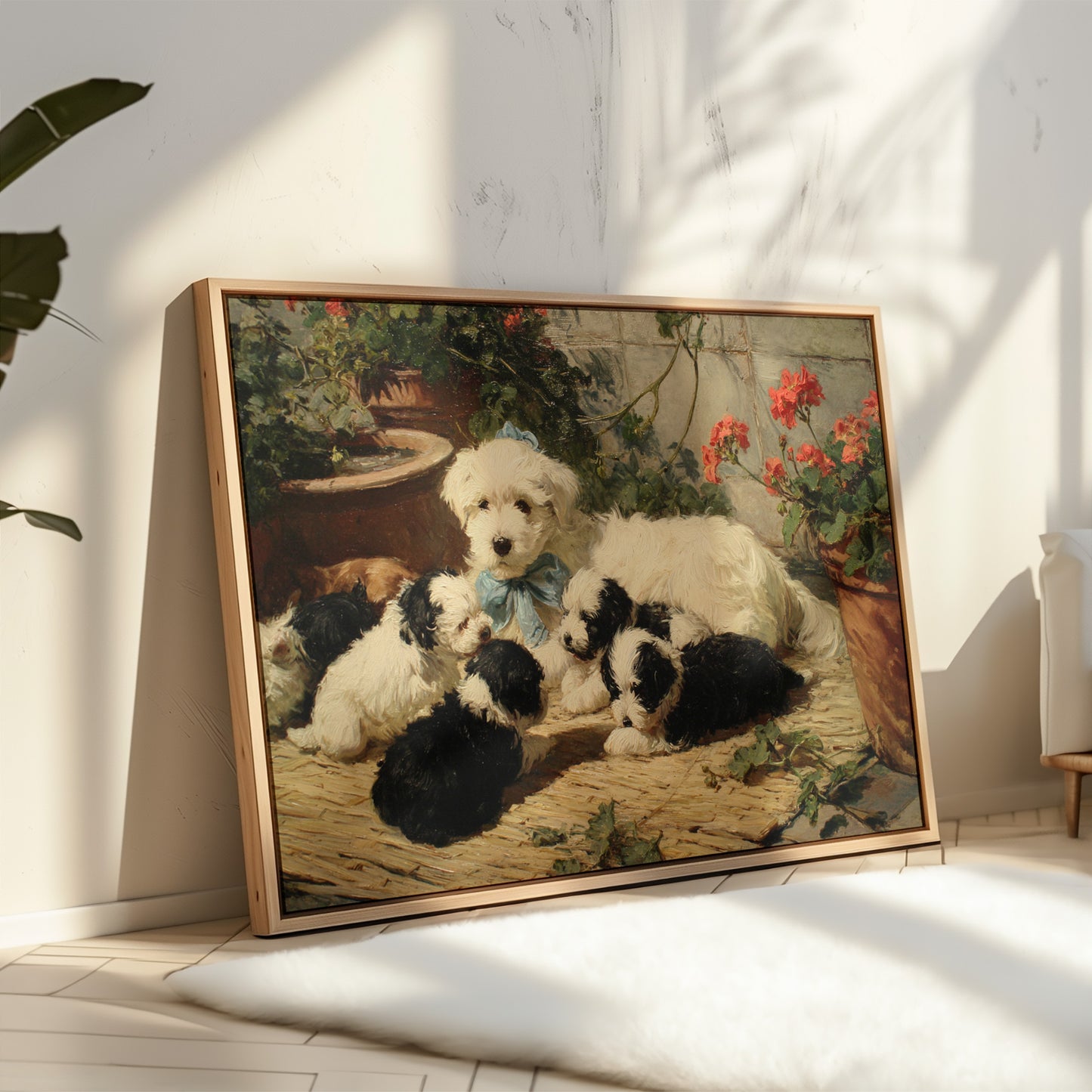 Puppies Rest Among Garden Geraniums