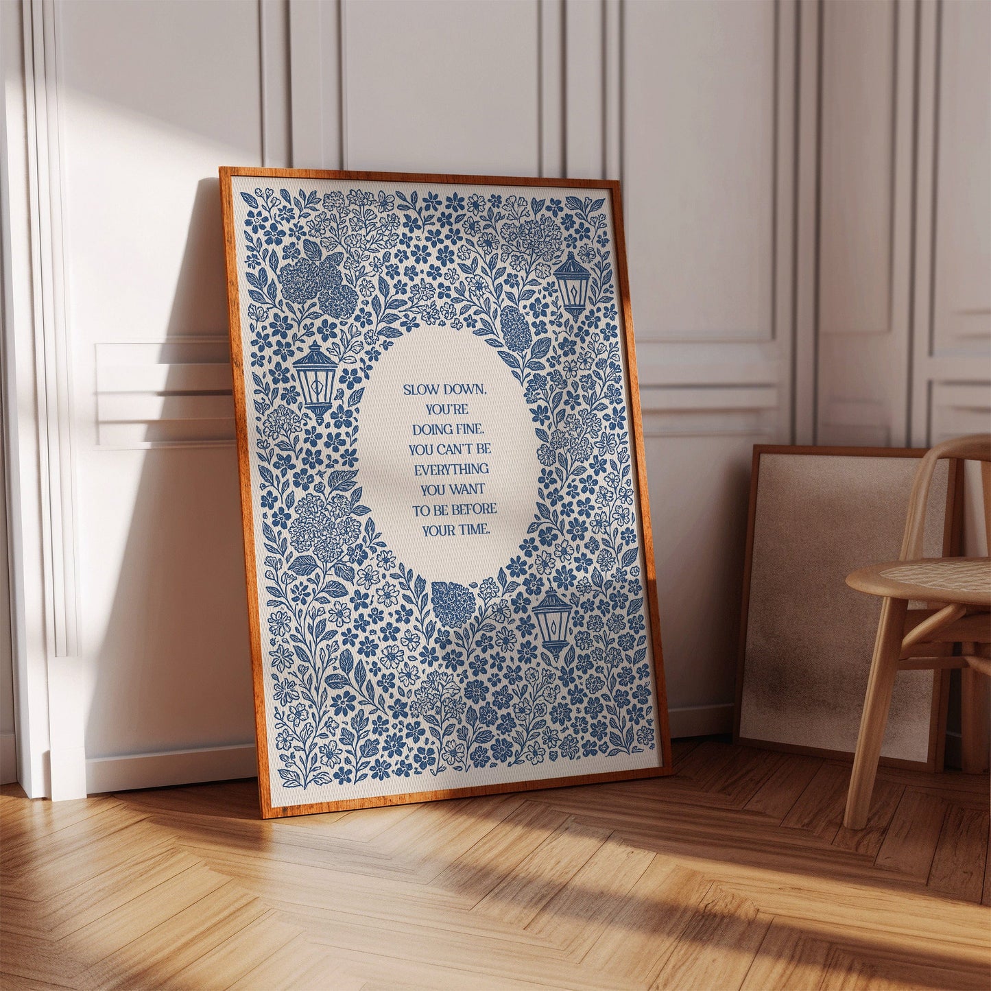 Blue Floral Lantern Quote Print – Slow Down, You’re Doing Fine