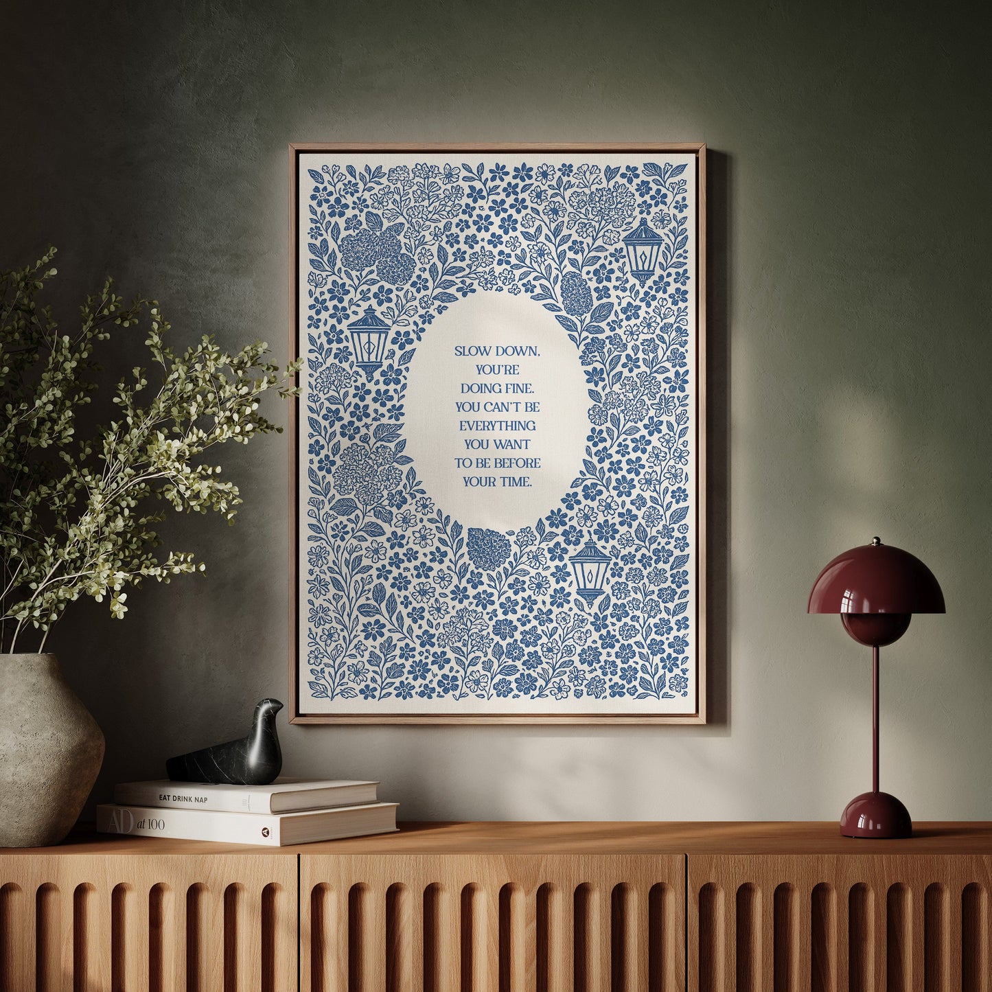 Blue Floral Lantern Quote Print – Slow Down, You’re Doing Fine