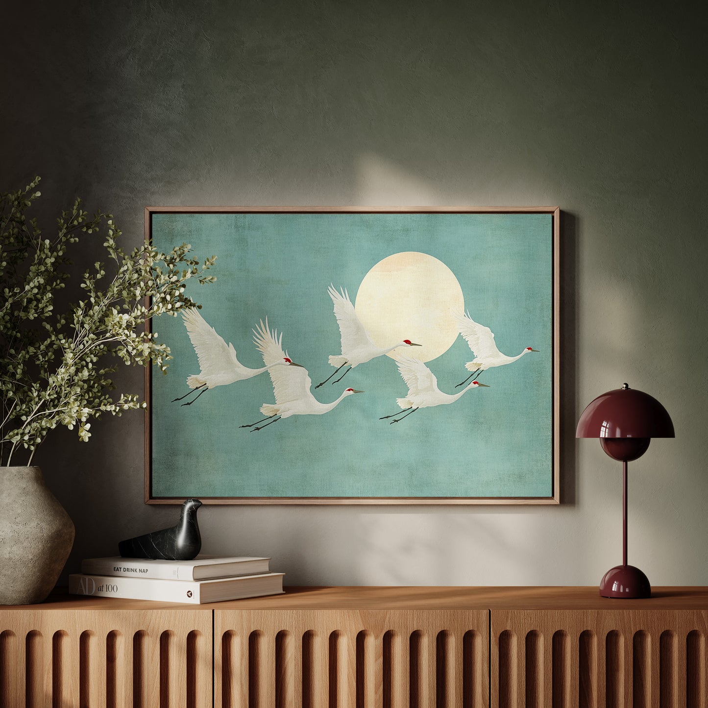 Japanese Crane Wall Art – Minimalist Blue & Gold Crane Print