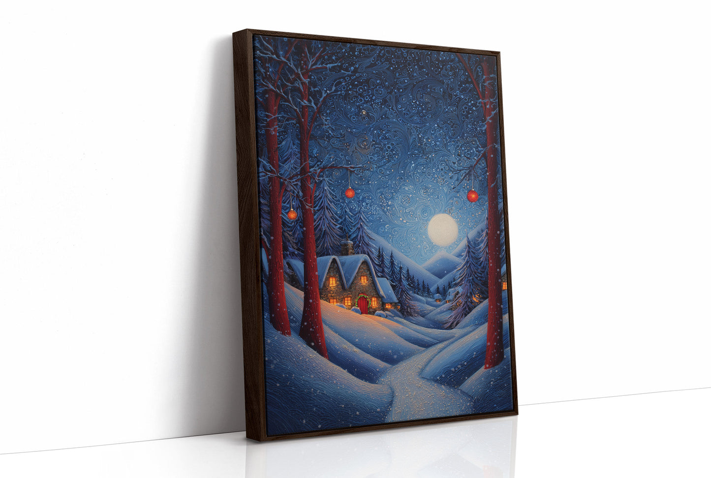 Moonlit Cabins Between Winter Pines