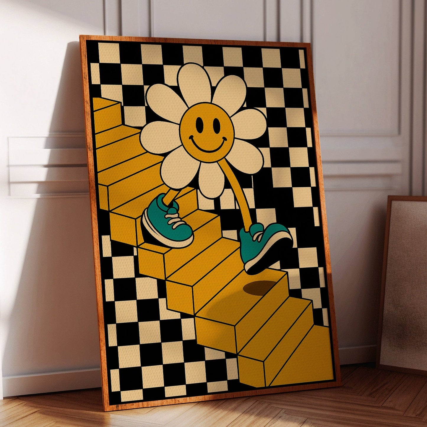 Groovy Daisy Vibes – Retro Checkerboard Flower Print