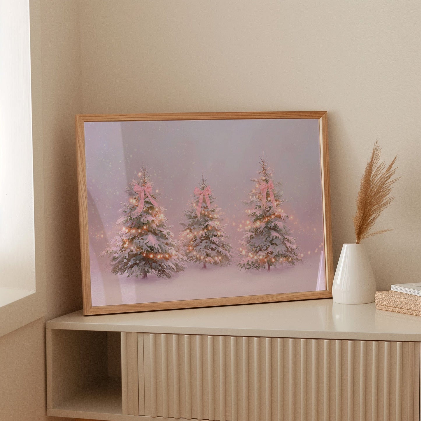 Pink Bows Dance Through Snow Light