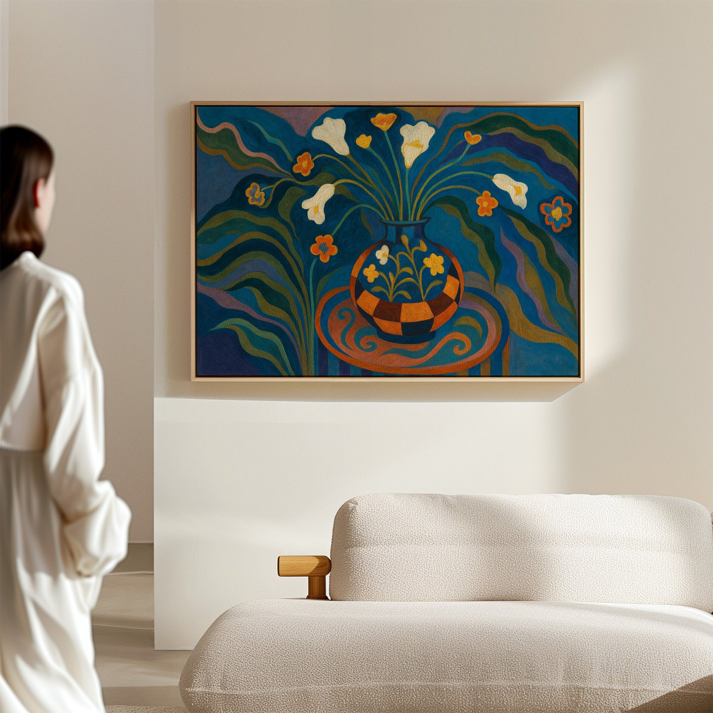 Moonlit Blooms in a Checkered Vase