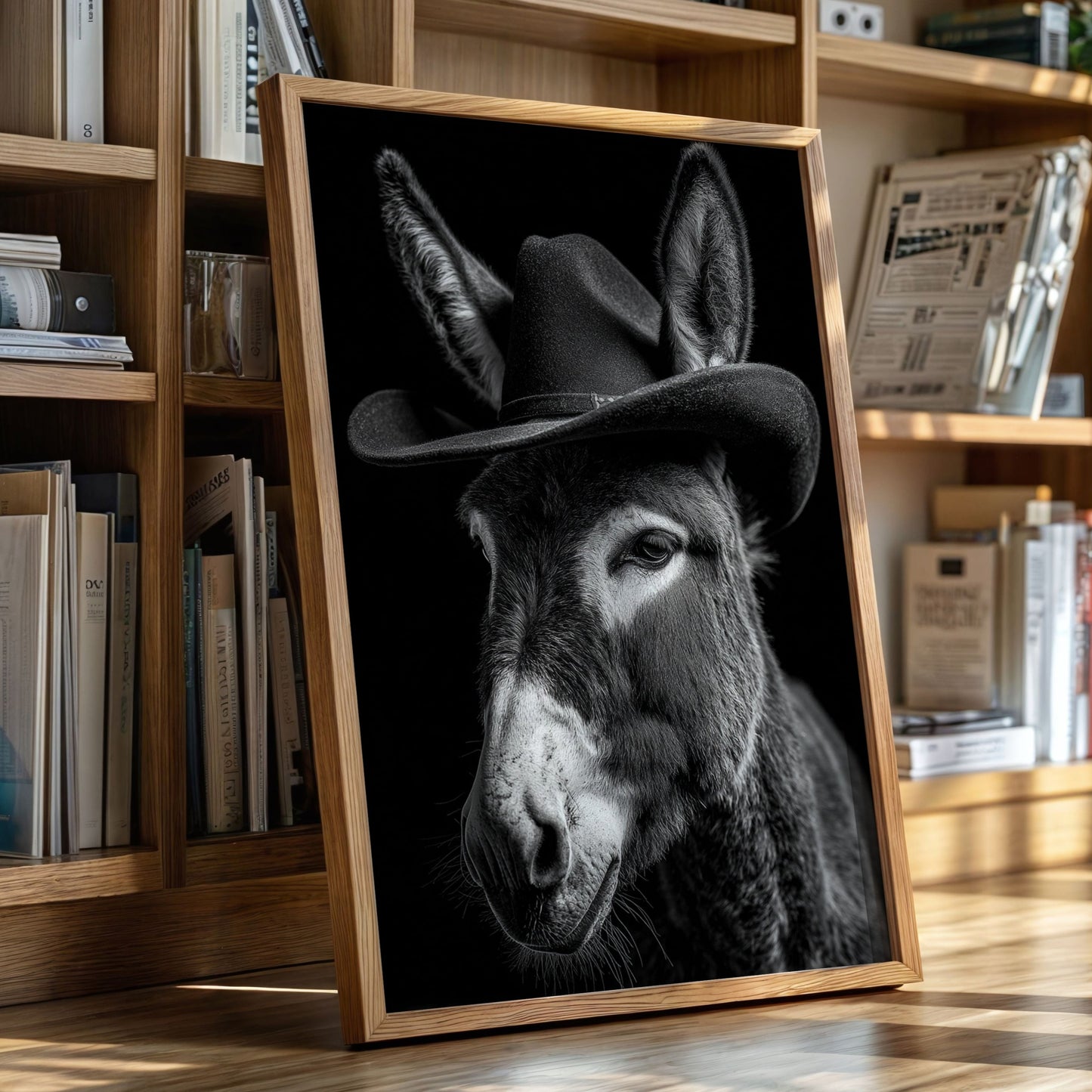 Framed picture of a donkey wearing a hat on a wooden floor with bookshelves in the background