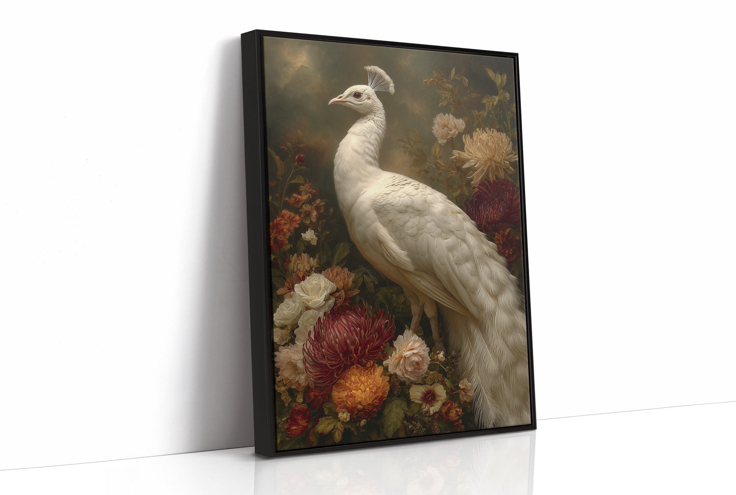 White Peacock Among Blooming Peonies