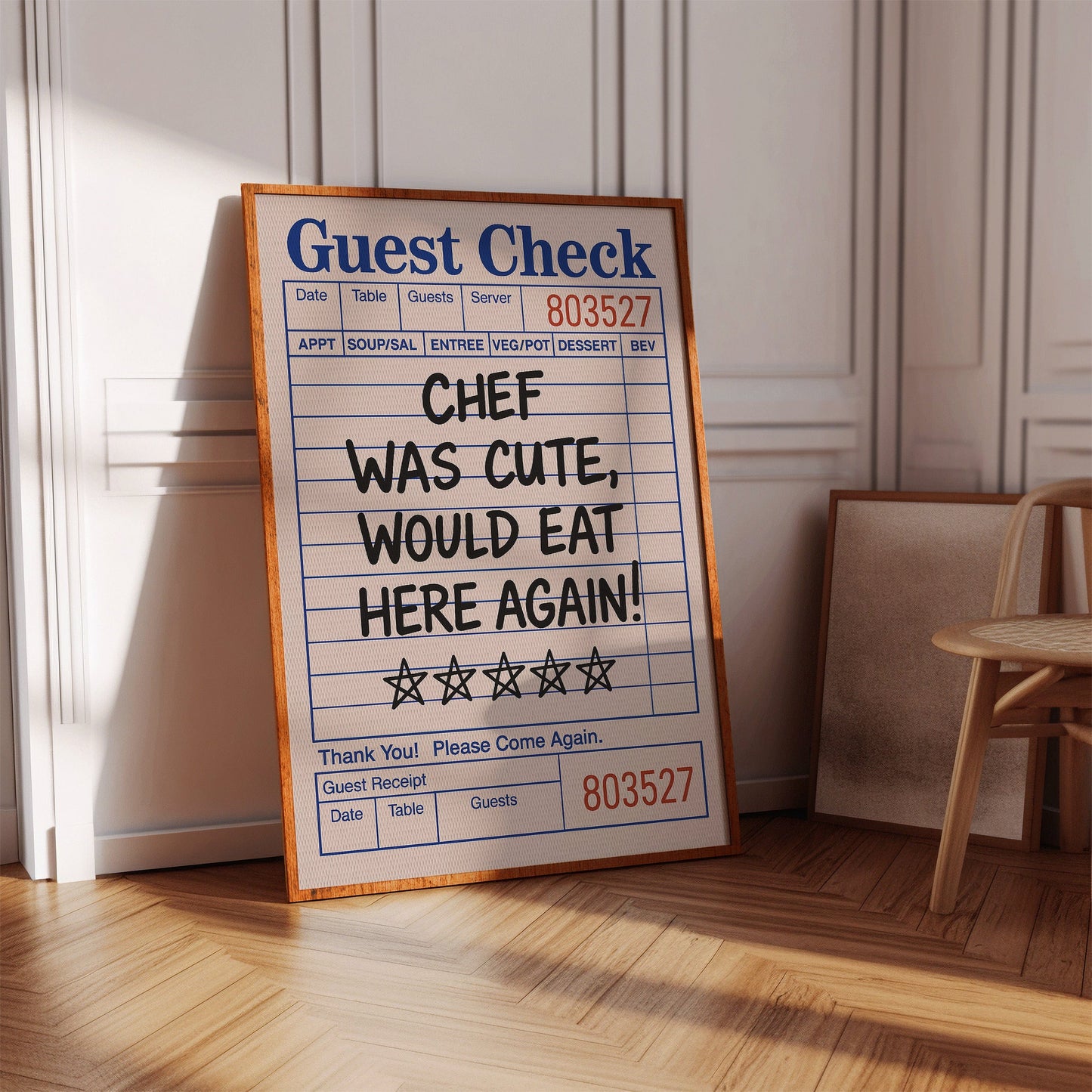 Funny Guest Check Wall Art – “Chef Was Cute” Diner Poster