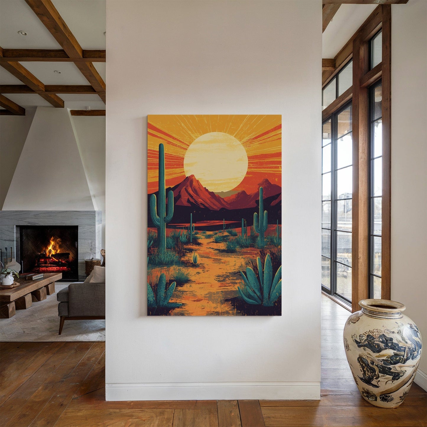 Golden Desert Sunset – Southwestern Cactus Wall Art