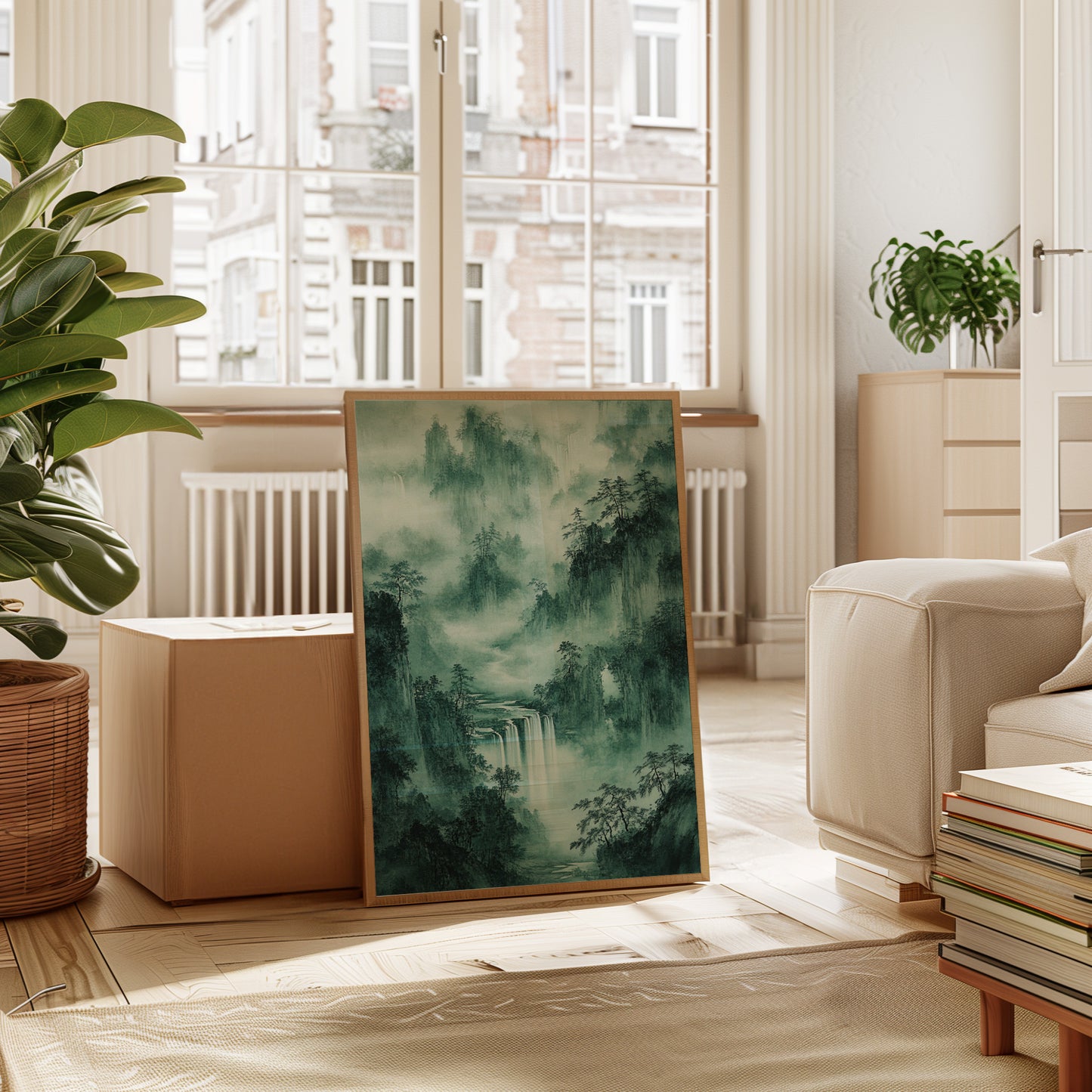 Serene Waterfall Landscape – Traditional Japanese Ink Wash Painting