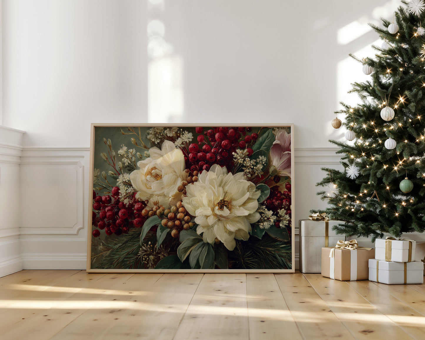 Winter Peonies Meet Crimson Berries