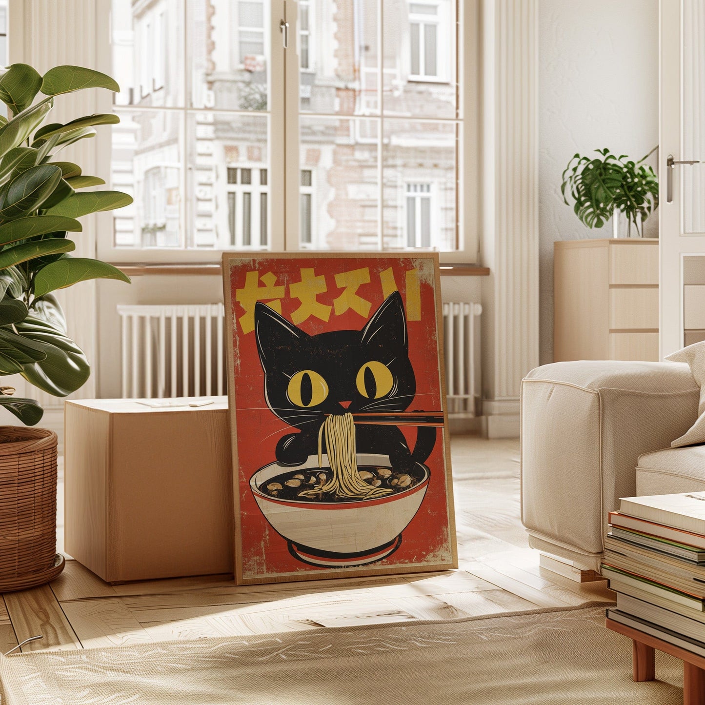 Retro Ramen Cat Poster – Japanese-Inspired Noodle Lover Wall Art