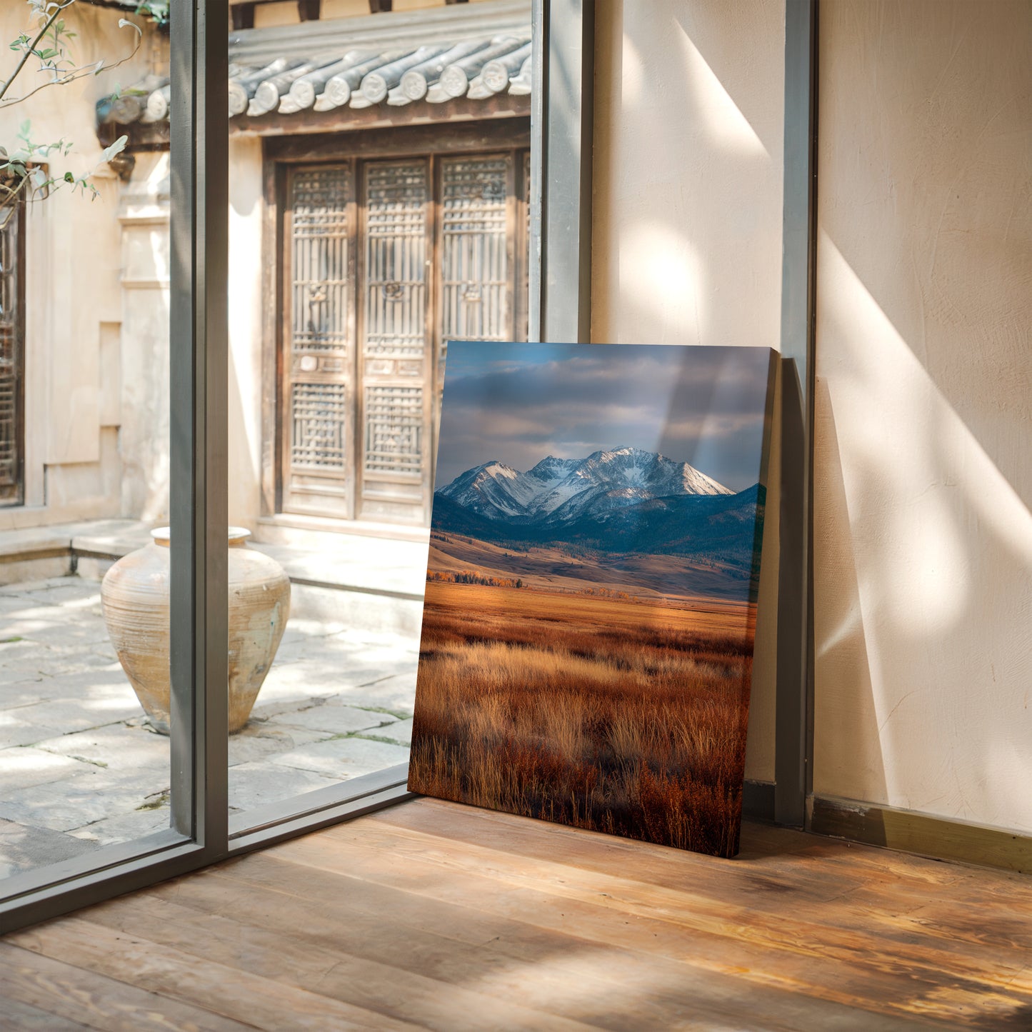 Golden Grasses Beneath Snowy Peaks