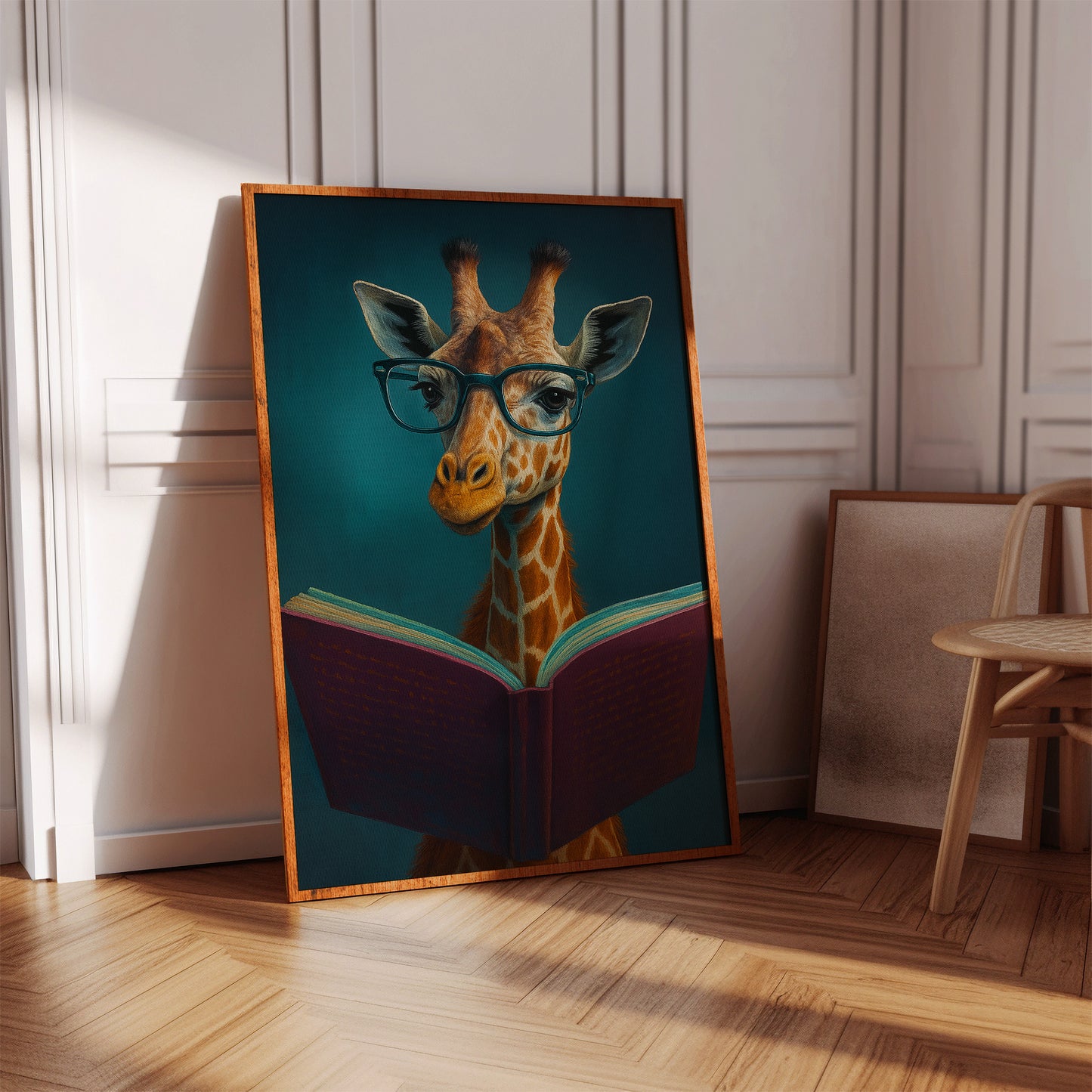 Giraffe with Glasses Reading a Book
