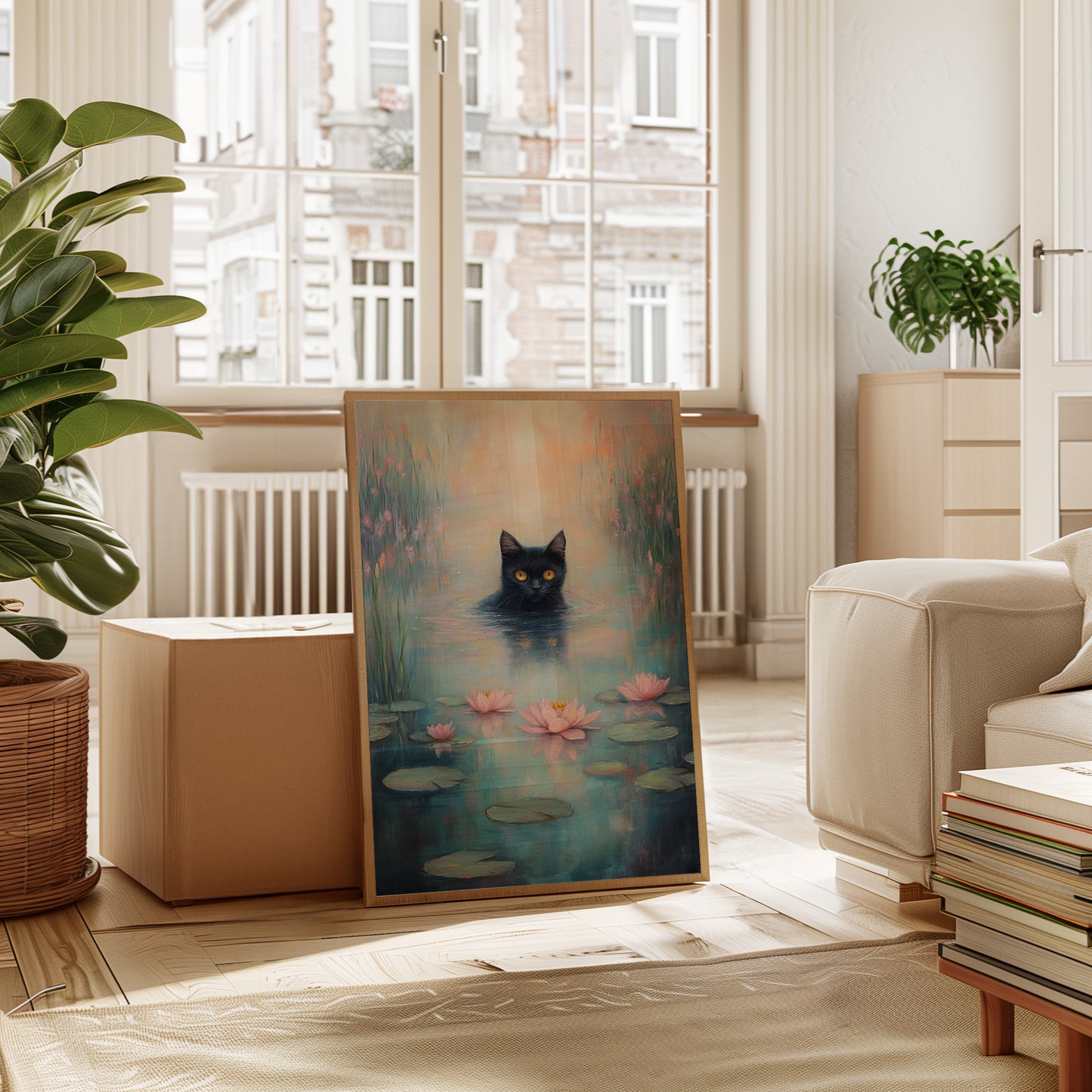 Mystical Black Cat in Water – Dreamy Water Lily Painting