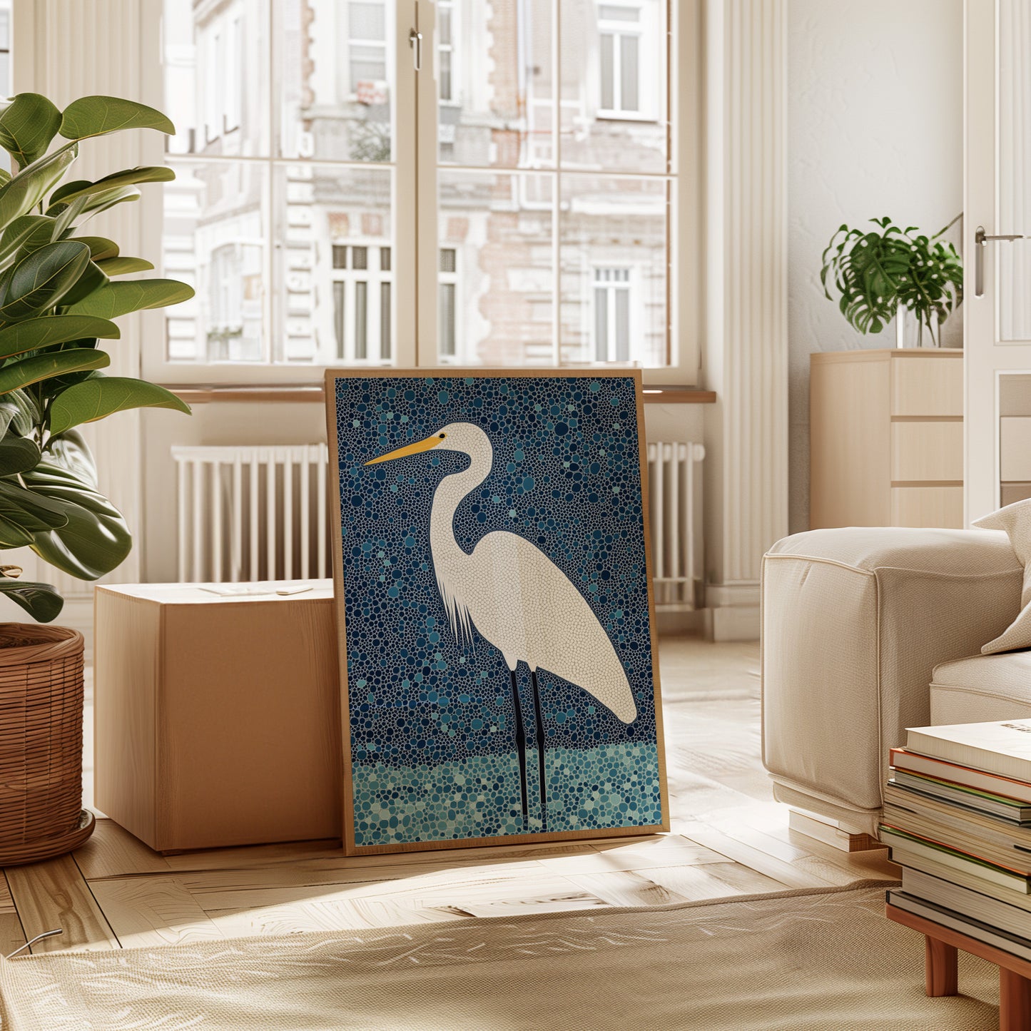 Elegant White Egret – Mosaic-Inspired Bird Wall Art