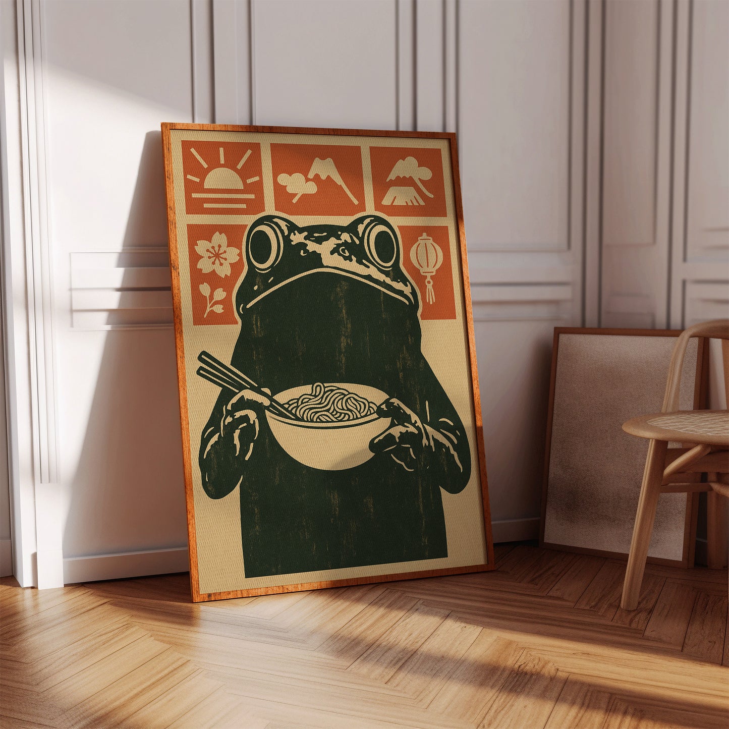 Ramen Frog in Retro Woodblock Style