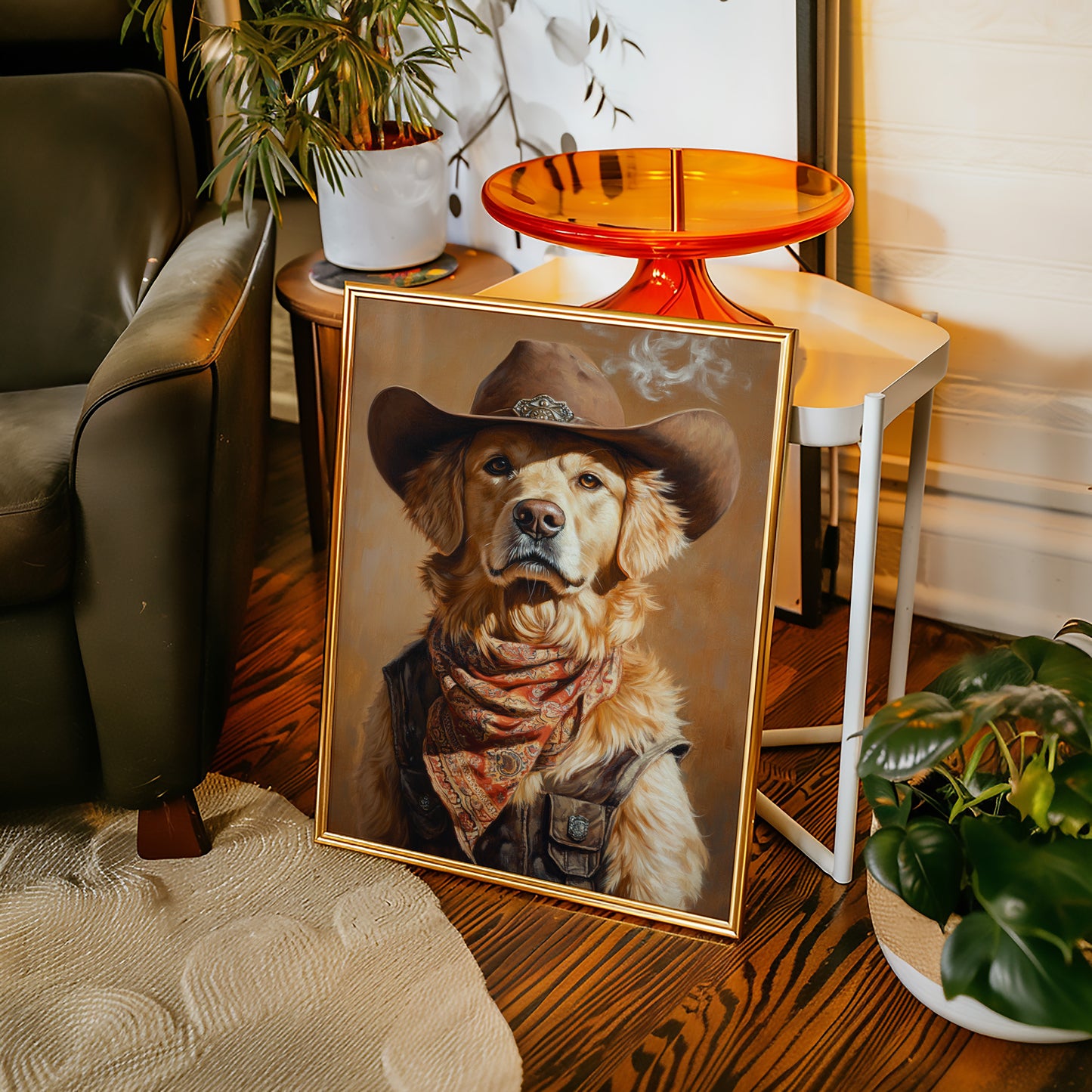 Golden Retriever Gunslinger in a Cowboy Hat