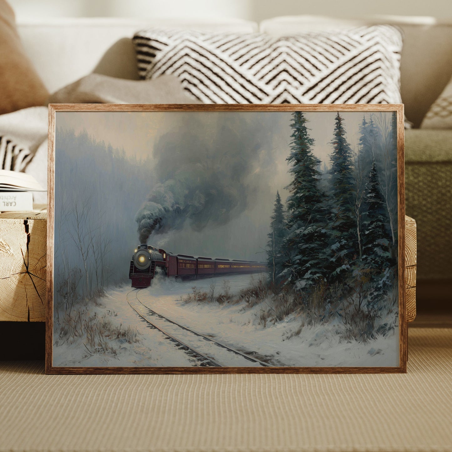 Winter Steam Curves Through Pine Forest