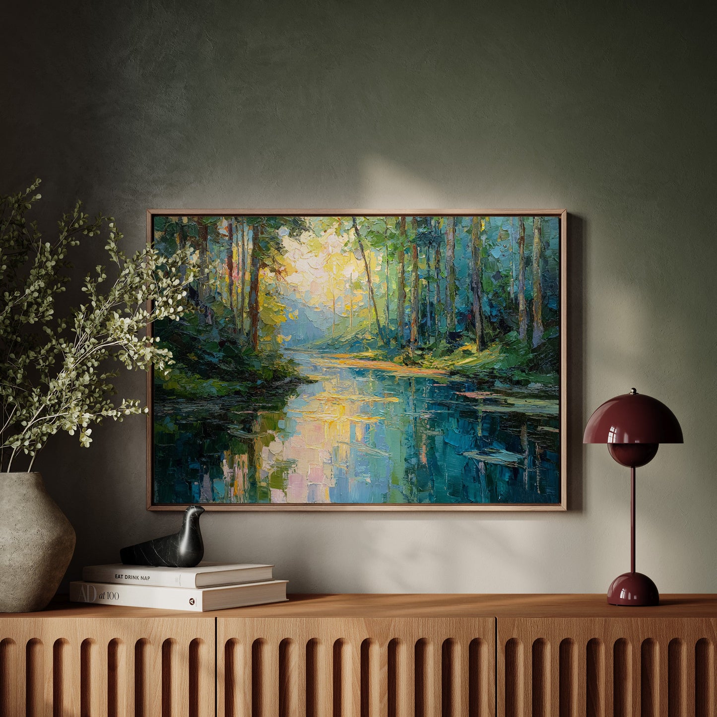 Sunlit Waters Between Tall Pines