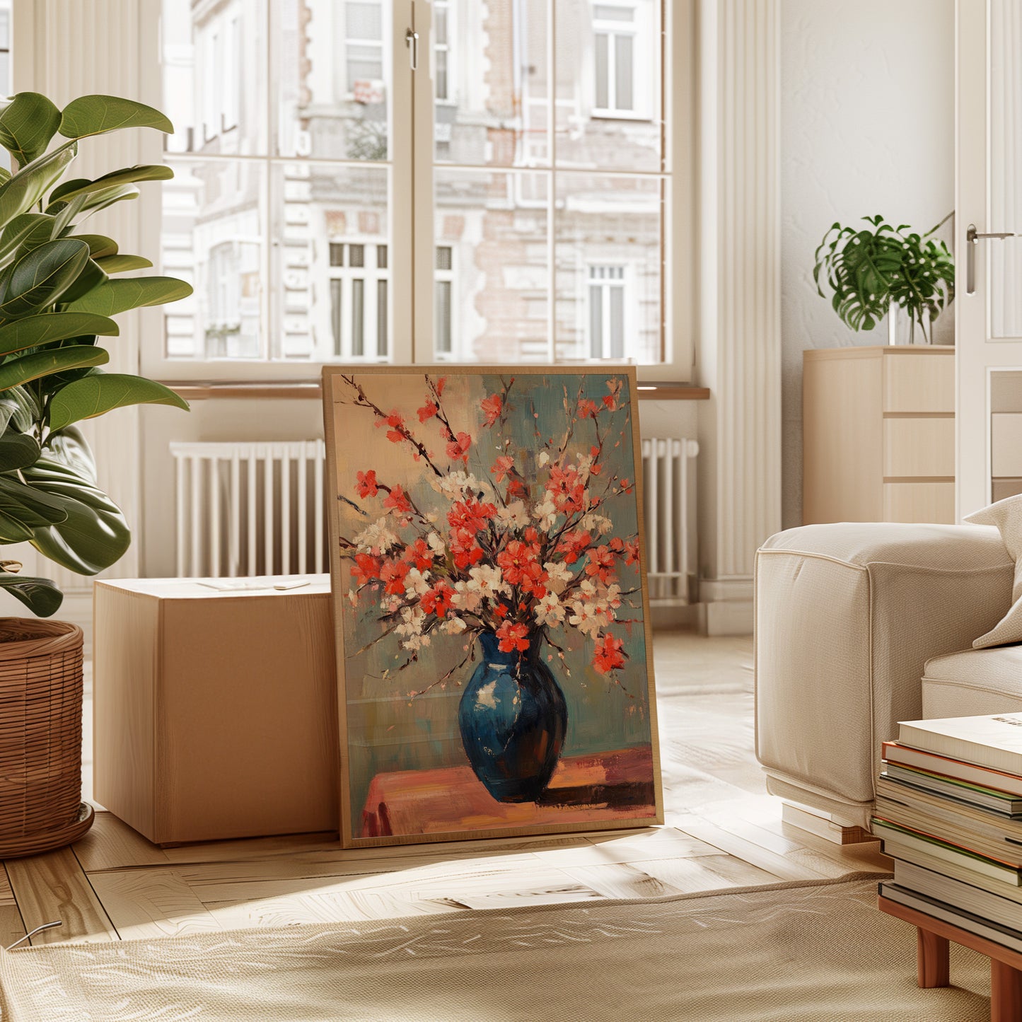 Cherry Blossom Oil Painting – Impressionist Floral Vase Wall Art